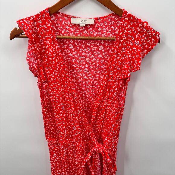 LOFT Floral Ruffle Sleeve Wrap Midi Dress // 8 - Picture 4 of 13